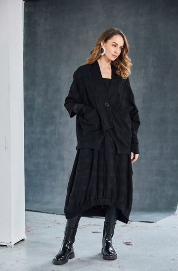 Naya Black Embossed Jacket With Dipped Hem And Contrast Band