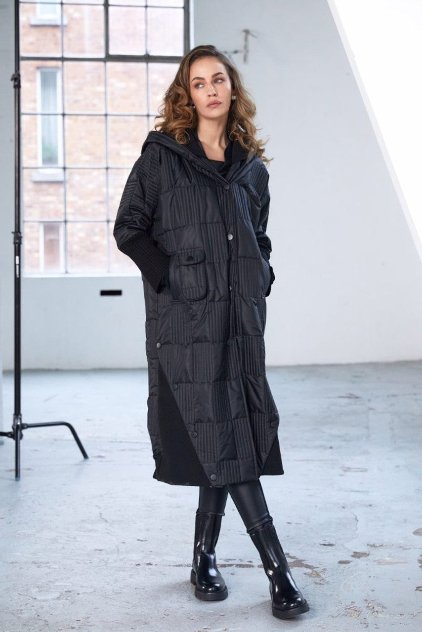 Naya Black Padded Hooded Coat With Rib Collar And Pockets