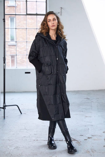 Naya Black Padded Hooded Coat With Rib Collar And Pockets
