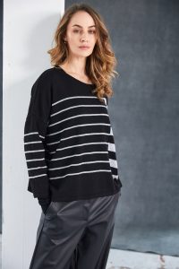 Naya Black/Silver Round Neck Square Shape Stripped Knit