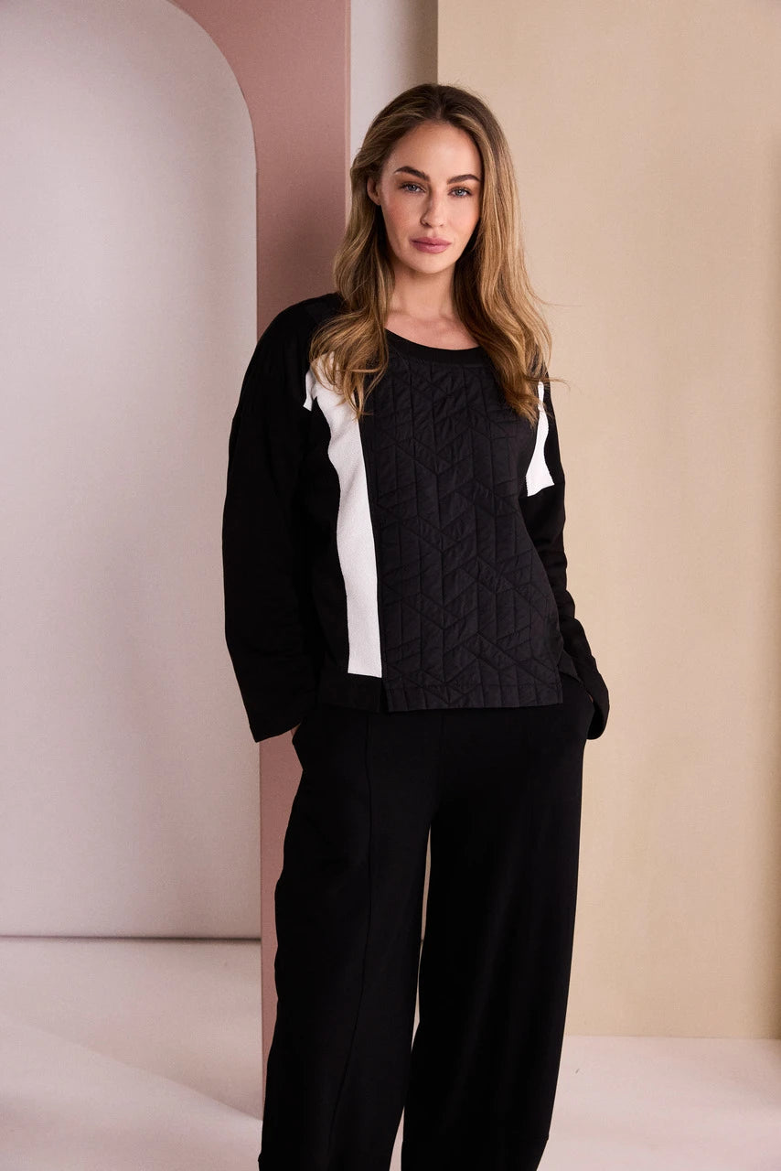 Naya Black/White Round Neck Top With Contrast Bands