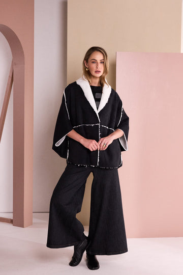 Naya Black/White Sheepskin Roll Collar Jacket
