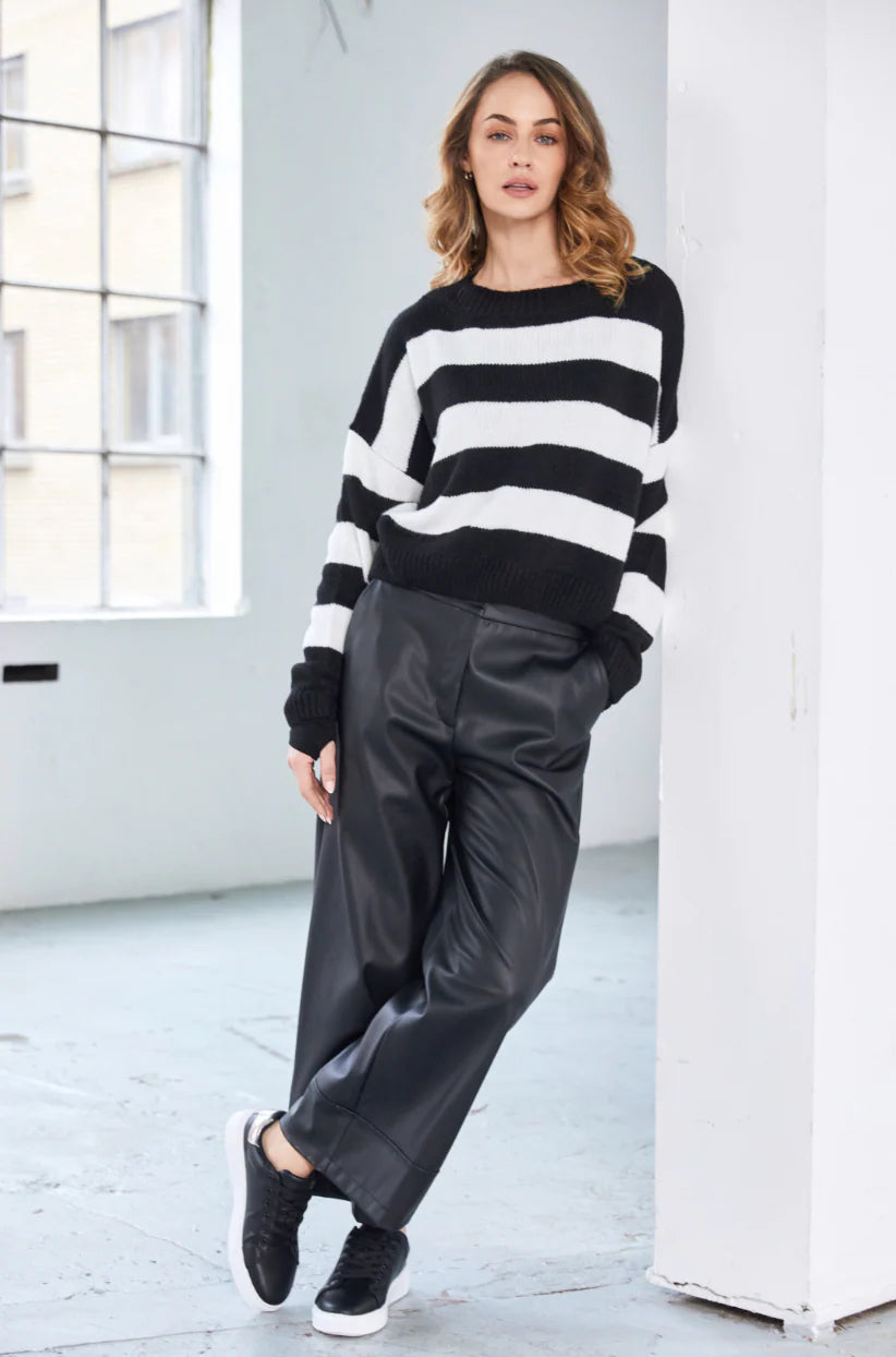 Naya Black Wide Leg Leatherette Trouser With Band At Hem