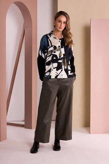 Naya Brown Wide Leg Leatherette Trouser With Hem Panel