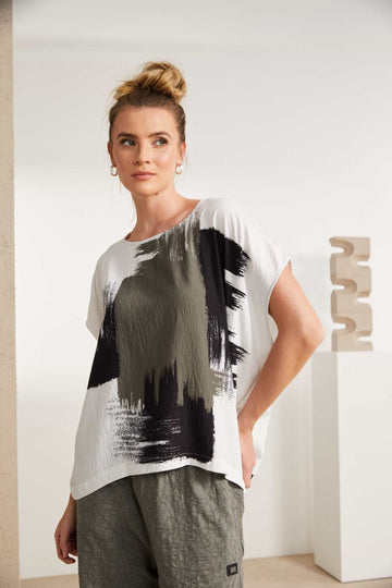Naya Brush Stroke Round Neck White/Army Top