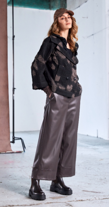 Naya Cocoa Wide Leg Leatherette Trouser With Band At Hem