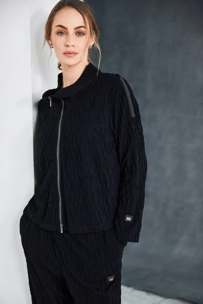 Naya Embossed Knit High Neck Jacket With Zip Detail