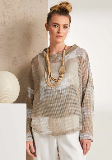Naya Fudge Cream Faded Block Mesh Print Top With Funnel Neck