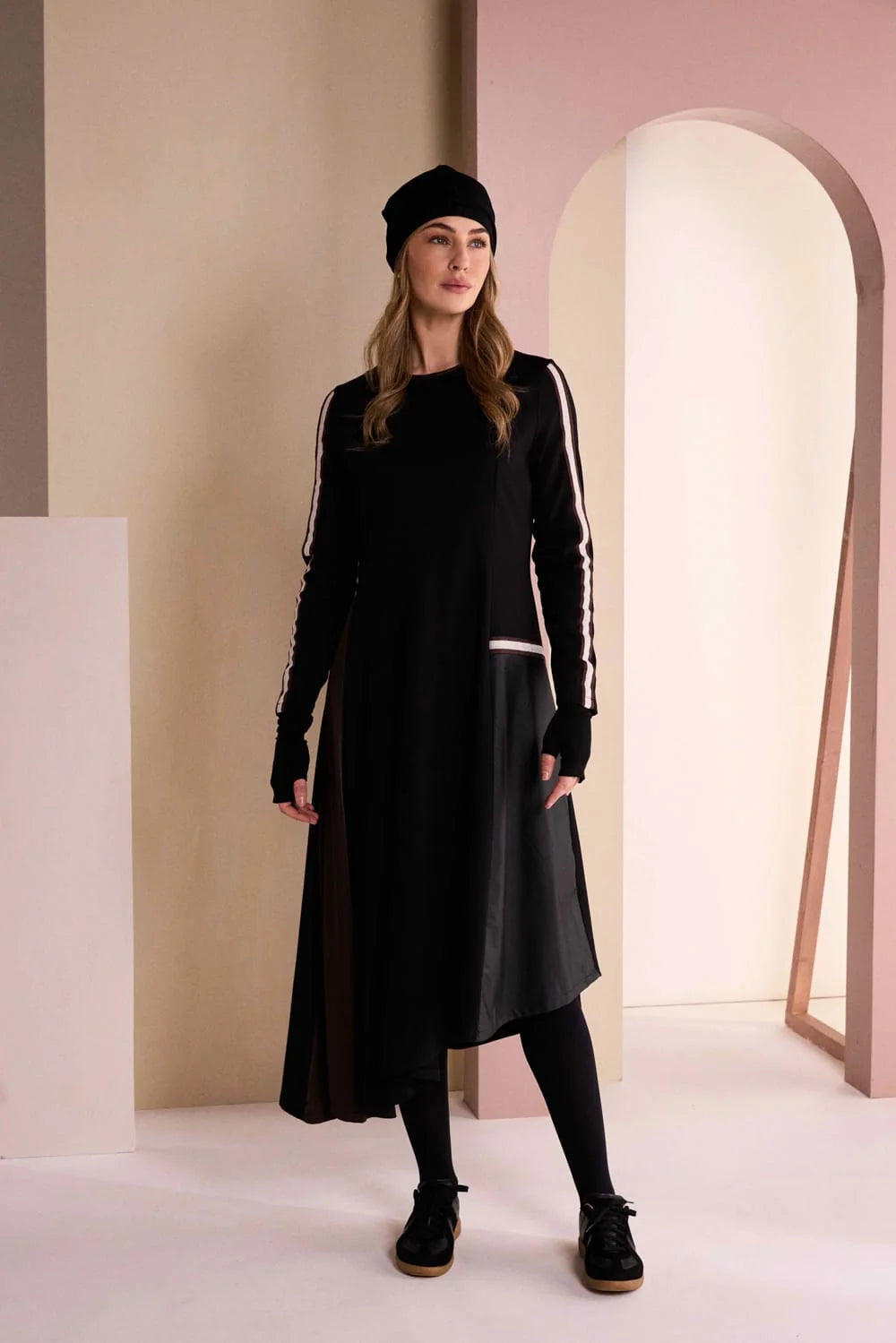 Naya High Neck Dress With Print Pocket And Metallic Trim