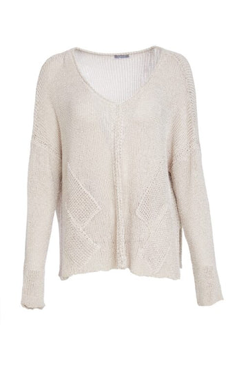 Naya Loose Weave V Neck Knit With Layed On Sections-Almond