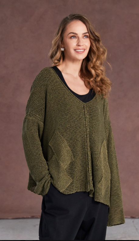 Naya Loose Weave V Neck Knit With Layed On Sections-Moss