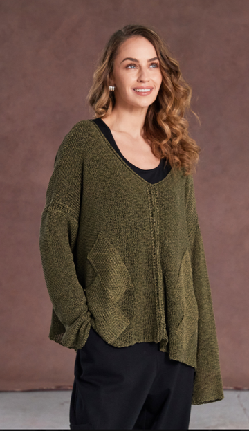 Naya Loose Weave V Neck Knit With Layed On Sections-Moss