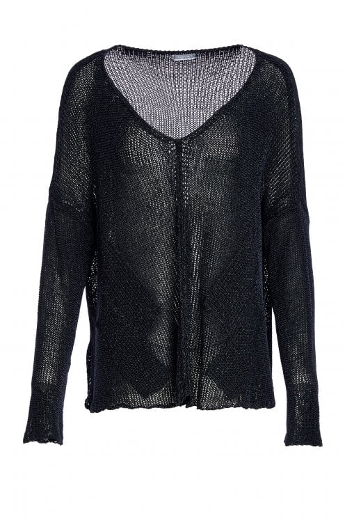 Naya Loose Weave V Neck Knit With Layed On Sections- Black