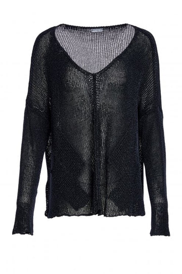 Naya Loose Weave V Neck Knit With Layed On Sections- Black