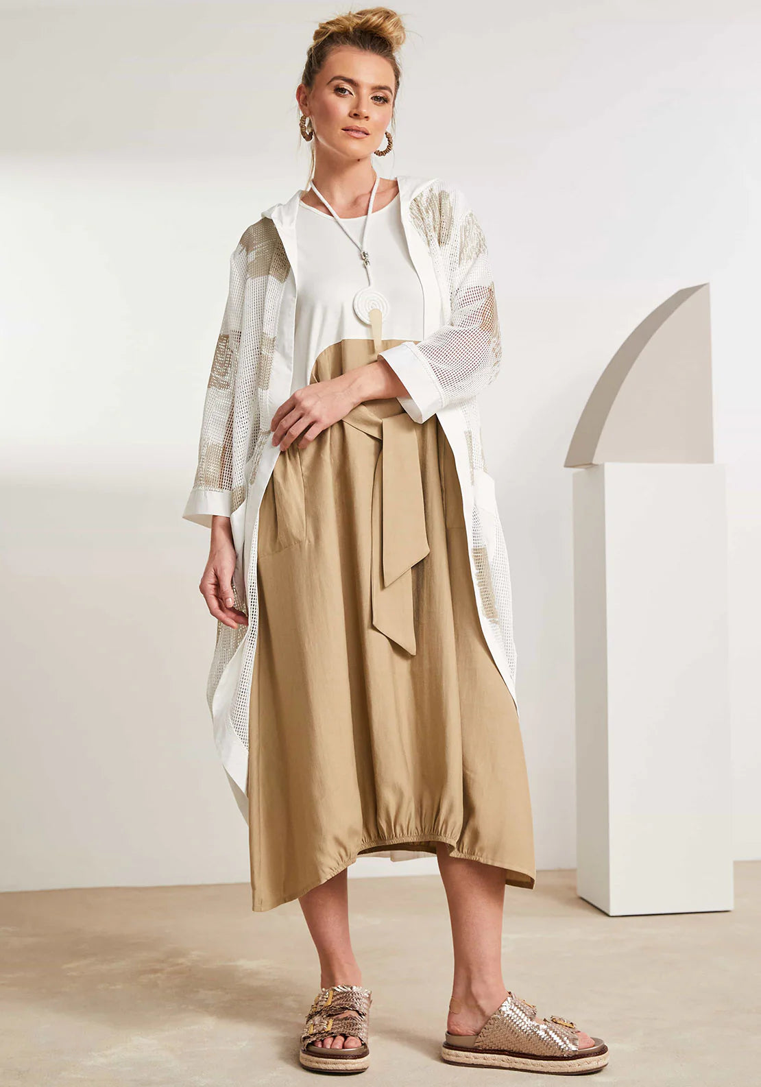 Naya Multi Cream/Fudge Round Neck Dress With Contrast Colour Skirt And Tie Detail