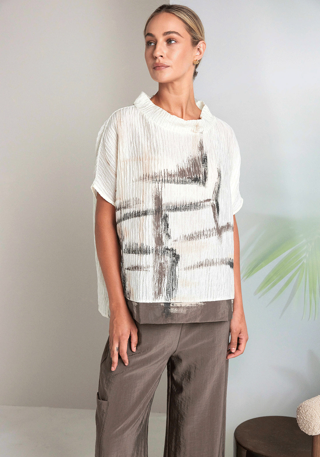 Naya Rippled Printed High Neck Top - Cream