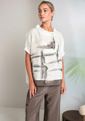 Naya Rippled Printed High Neck Top - Cream