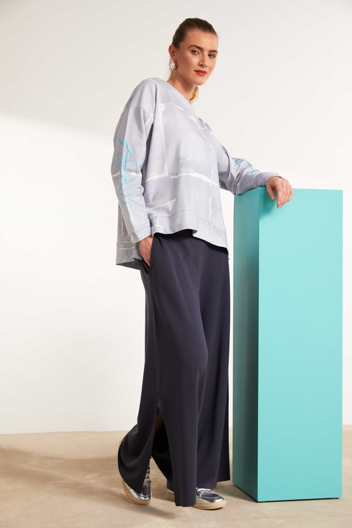 Naya Round Neck White/Silver Sweater With Embroidered Sleeve