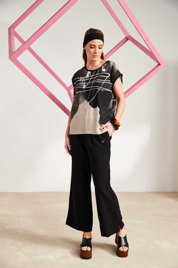 Naya Taupe Black Spray Border Drizzle Print Round Neck Top