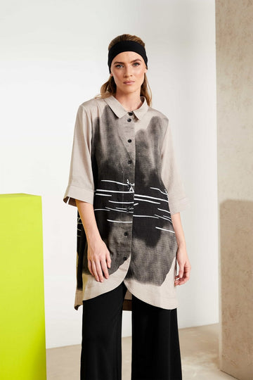 Naya Taupe Spray Border Drizzle Print Long Line Shirt