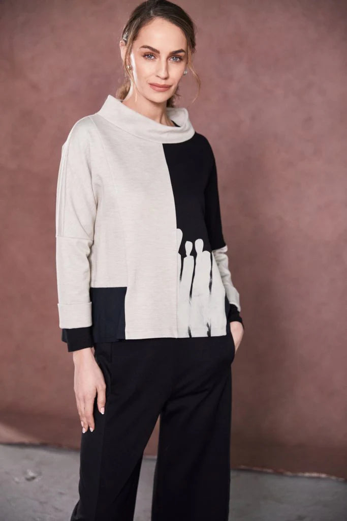 Naya Two Tone Funnel Neck Top With Print