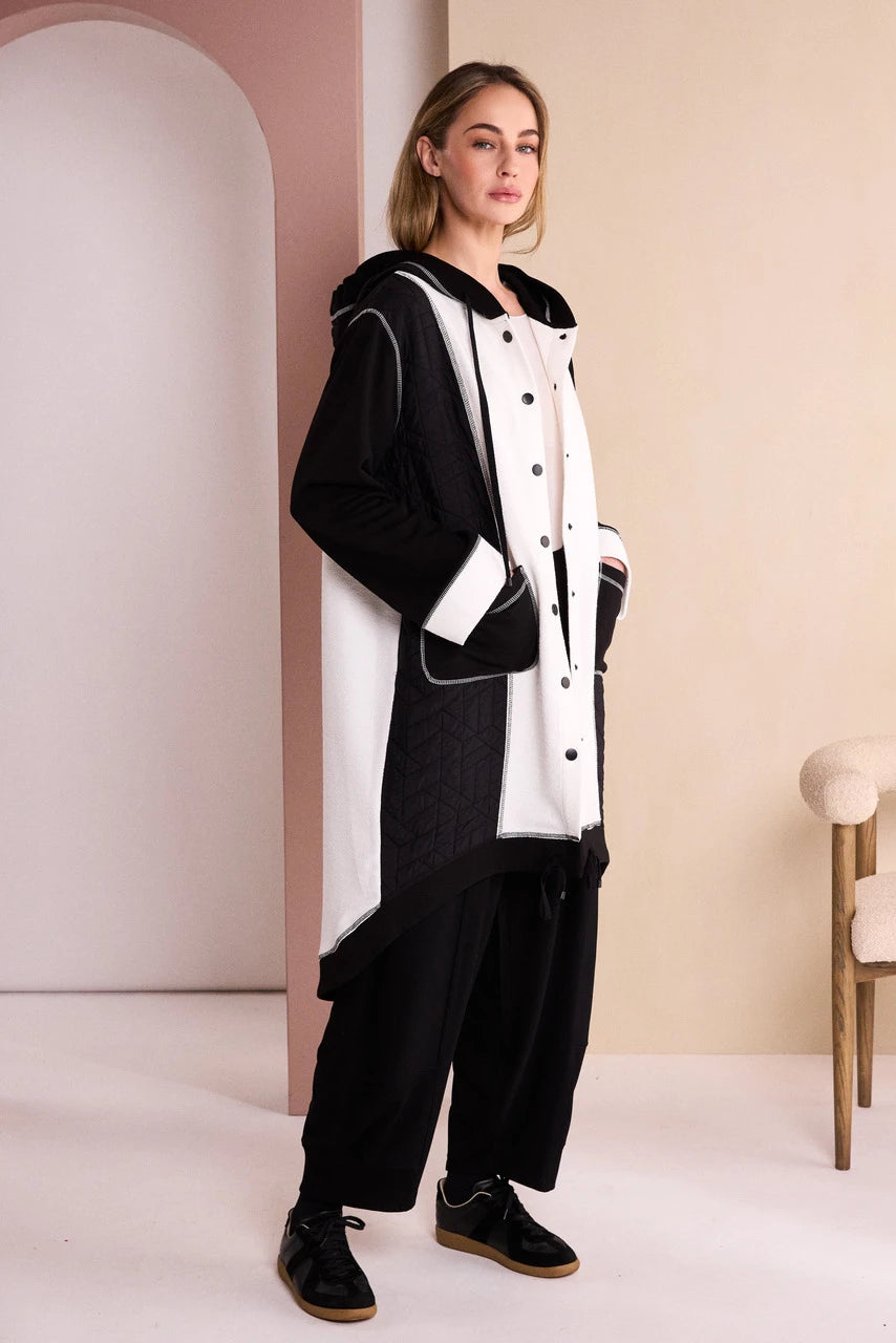 Naya Two Tone Hooded Coat With Stud Front And Coverseam Stitch Detail