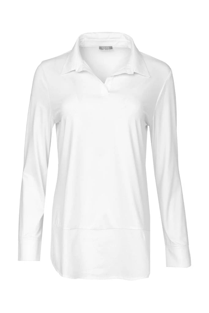 Naya White Jersey Top Cotton Collar Shirt And Hem Panel