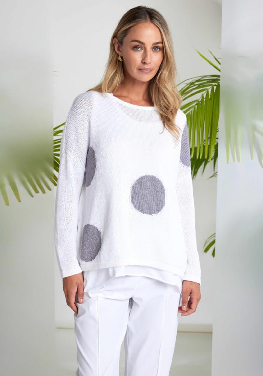 Naya Whtie/Grey Spot Print Round Neck Organic Knit