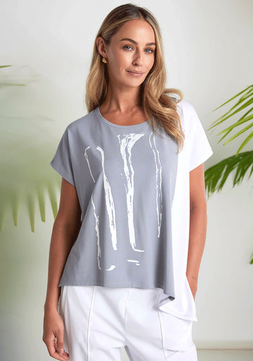 Naya Printed Contrast Hem Top - White/Grey