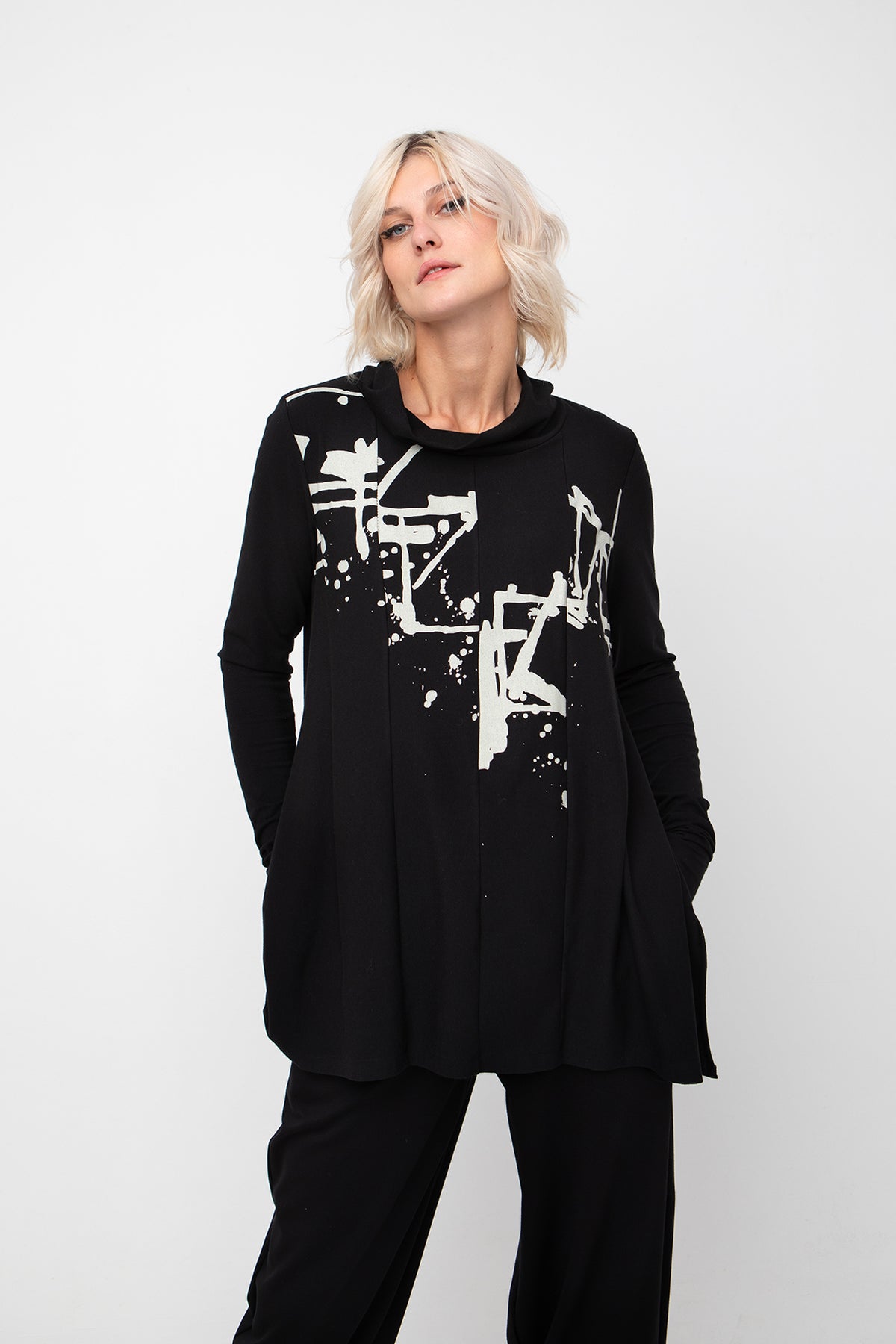 Ozai N Ku  Black High Neck Top with Cream Splash