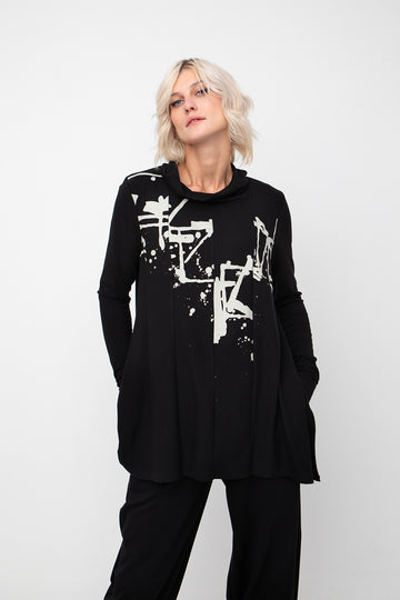 Ozai N Ku  Black High Neck Top with Cream Splash