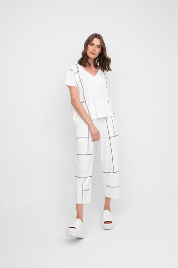 Ozai N Ku Front Pocket Ivory Top with Black Stitching