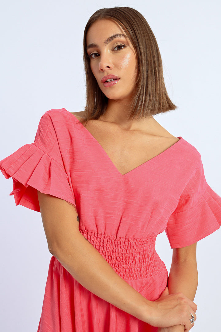 Molly Bracken V Neck Flared Pink Dress
