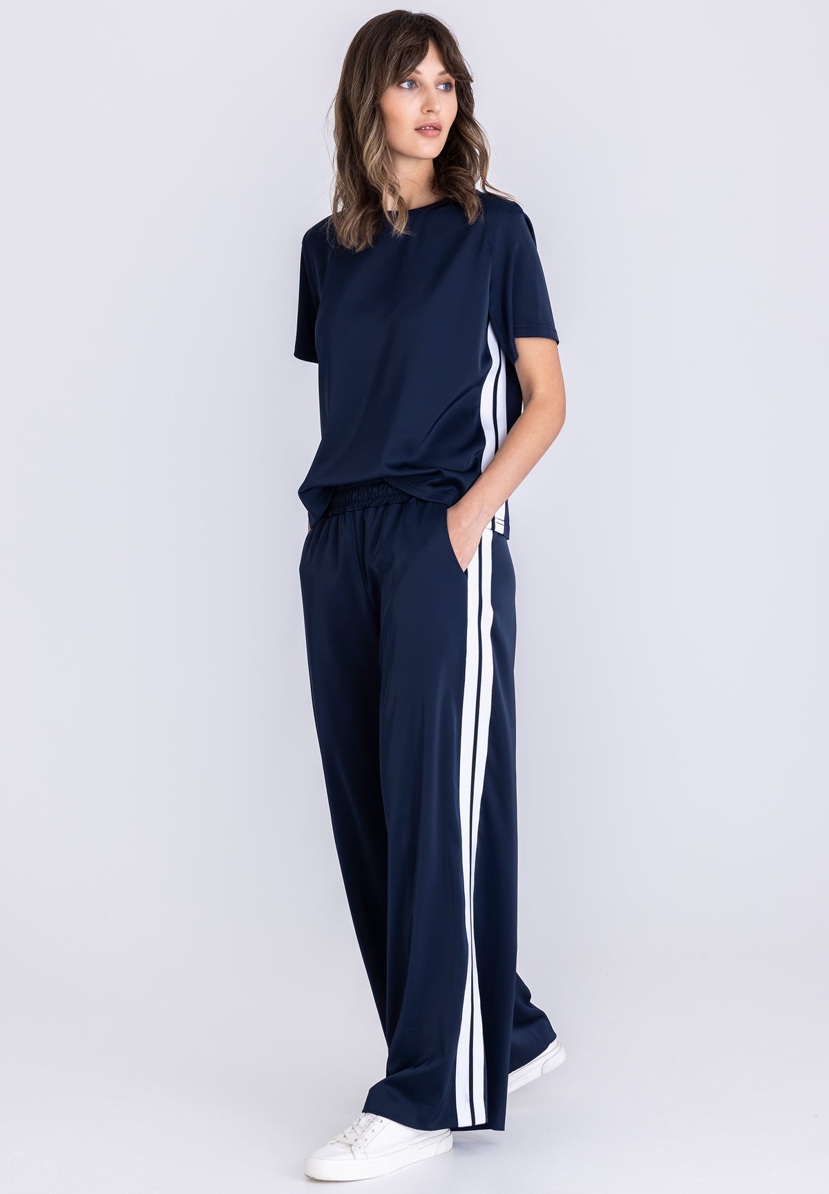 Tuzzi Navy Wide Leg Trousers WIth White Accent