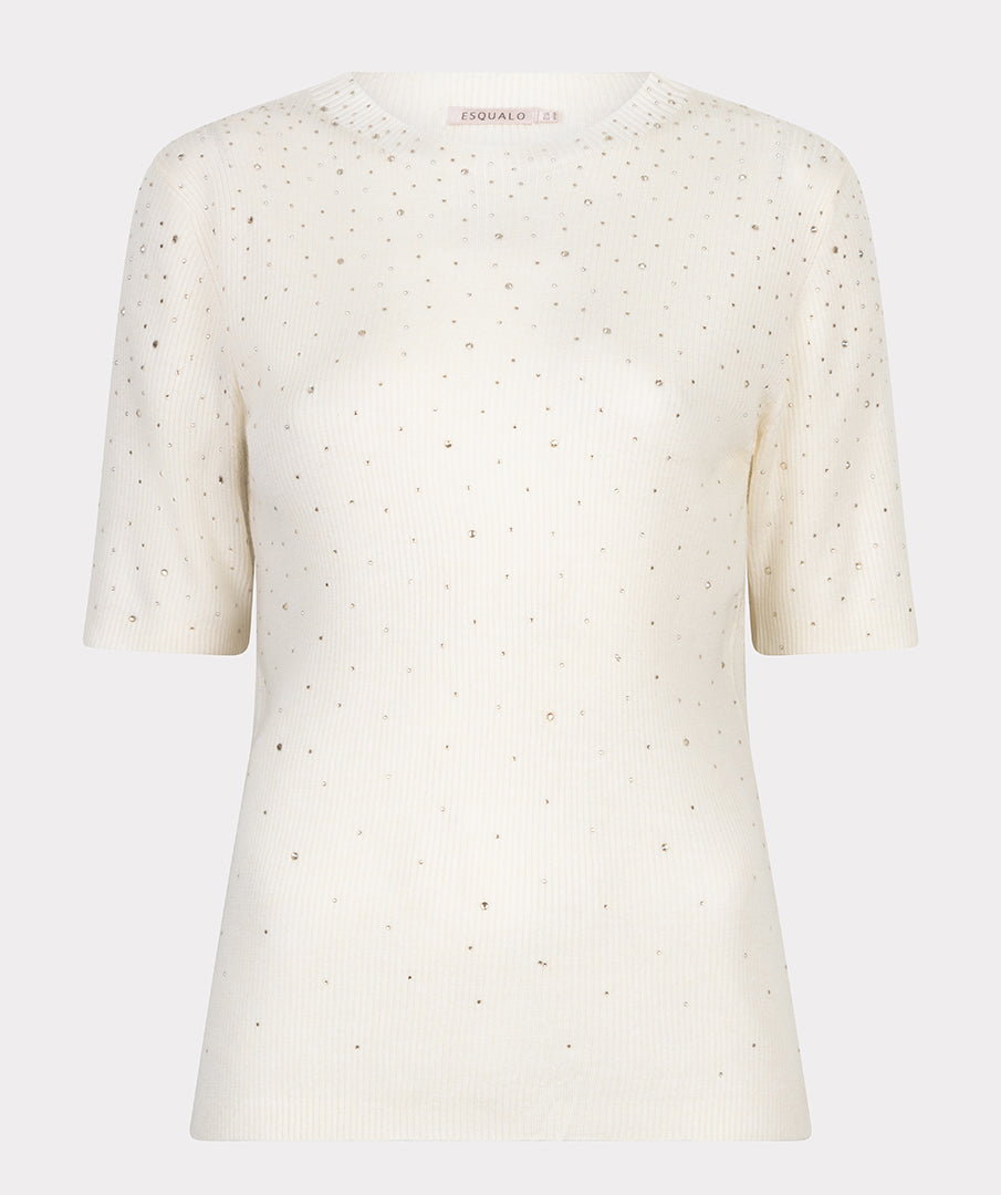 Esqualo Ribbed Sparkle High Neck Top - Ecru