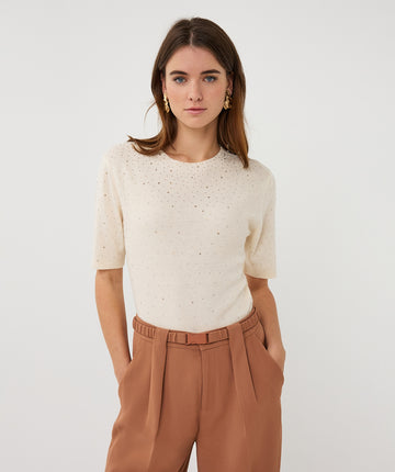 Esqualo Ribbed Sparkle High Neck Top - Ecru