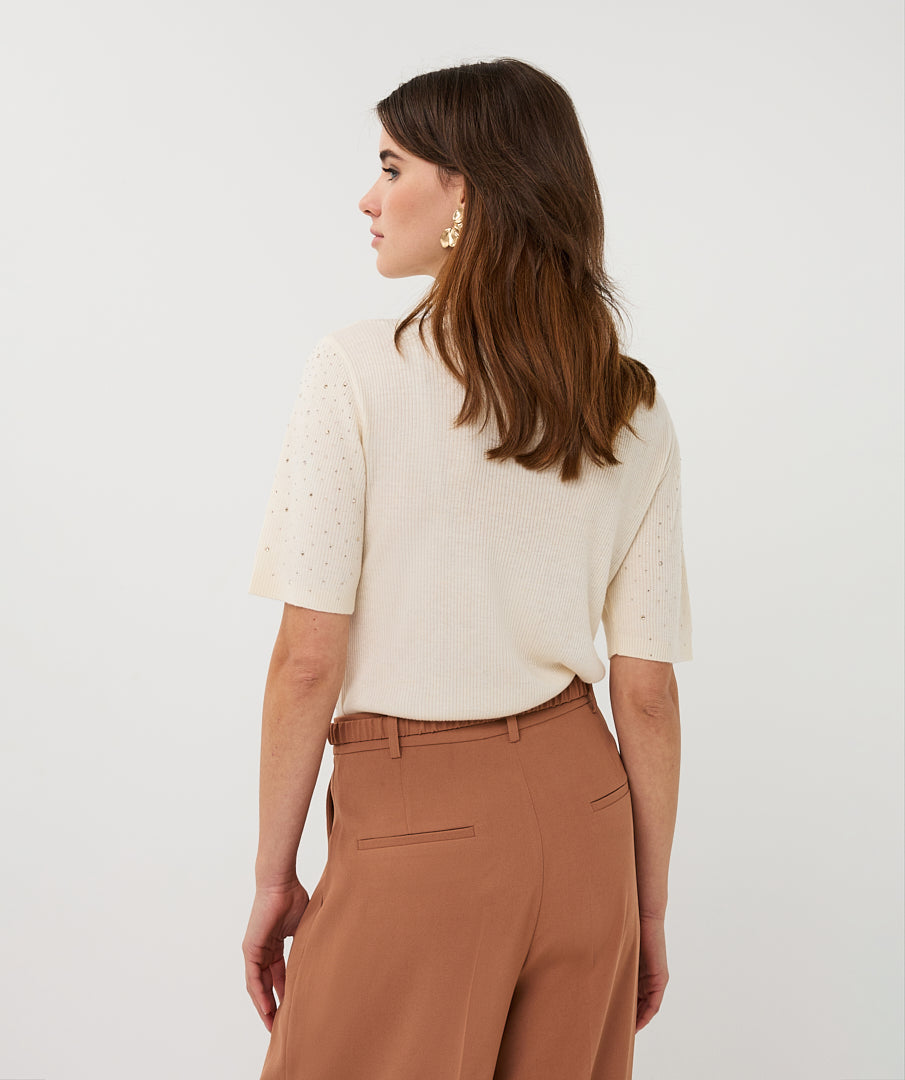 Esqualo Ribbed Sparkle High Neck Top - Ecru