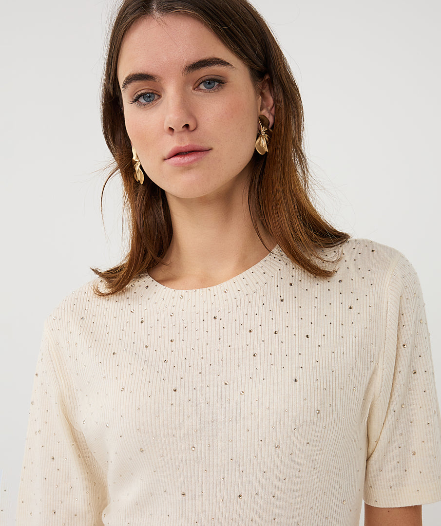 Esqualo Ribbed Sparkle High Neck Top - Ecru