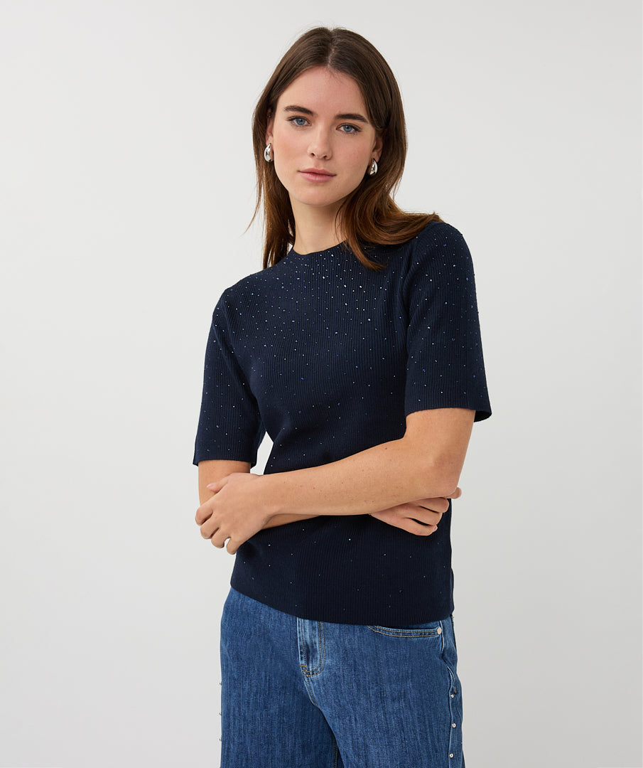 Esqualo Ribbed Sparkle High Neck Top - Navy
