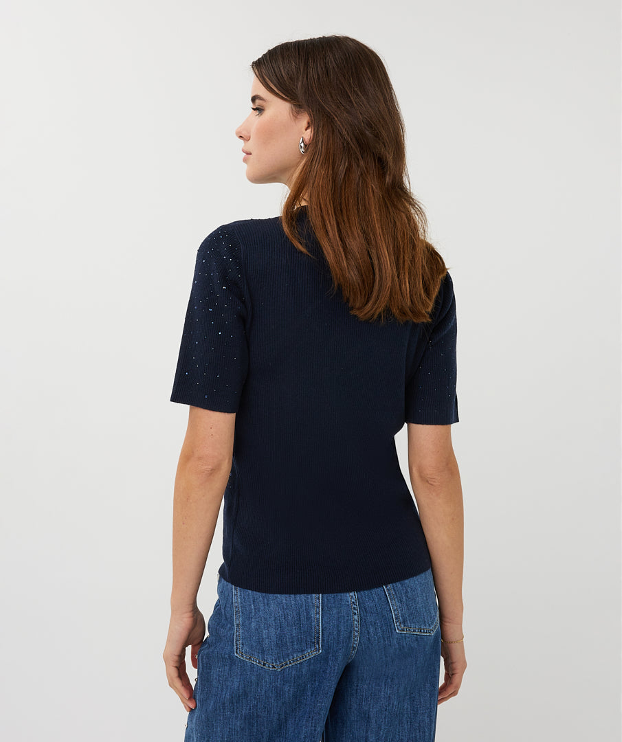 Esqualo Ribbed Sparkle High Neck Top - Navy