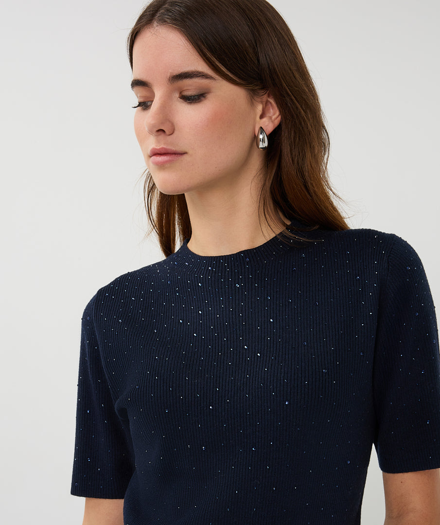 Esqualo Ribbed Sparkle High Neck Top - Navy