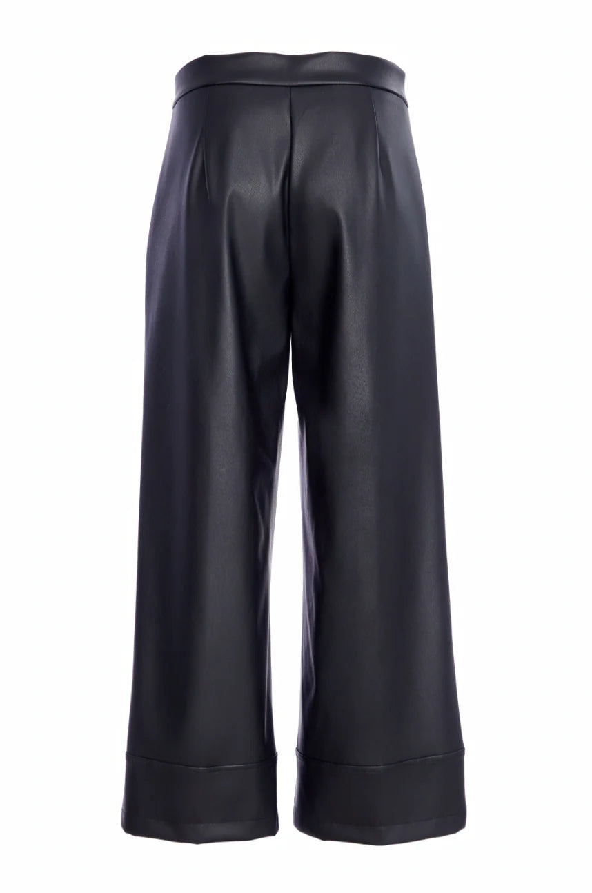 Naya Black Wide Leg Leatherette Trouser With Band At Hem