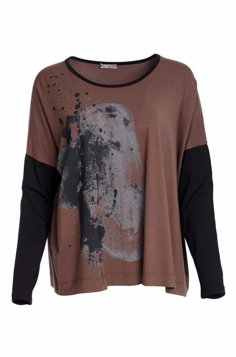 Naya Cocoa/Black Placement Print Top With Contrast Binding And Sleeves