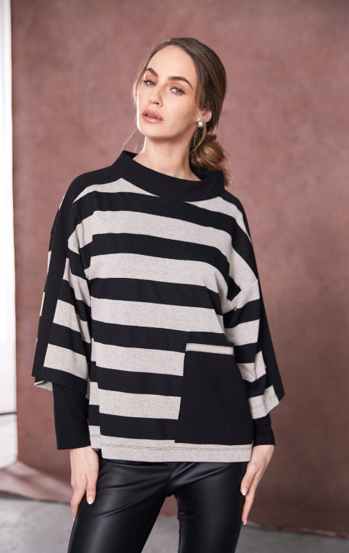 Naya High Neck Striped Top With Contrast Pocket