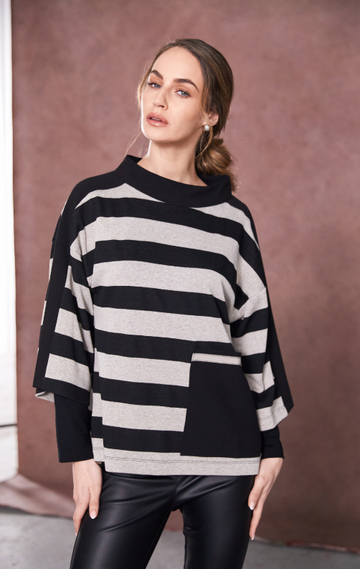 Naya High Neck Striped Top With Contrast Pocket