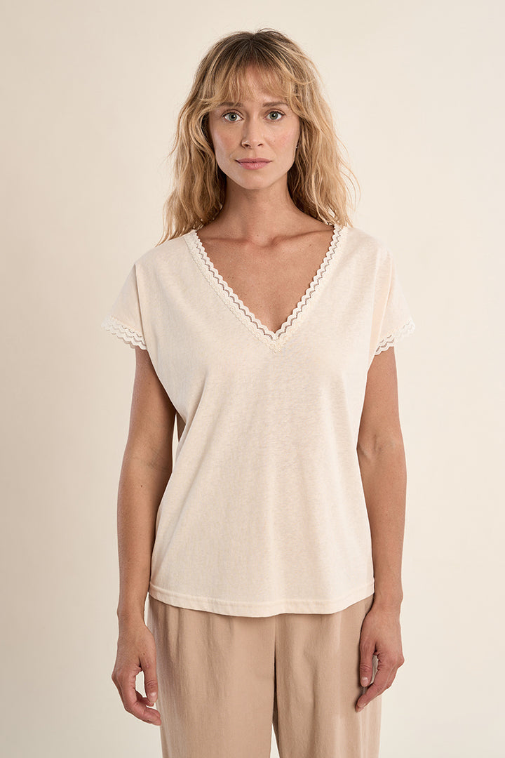 Molly Bracken Cream Lace Trim Tee