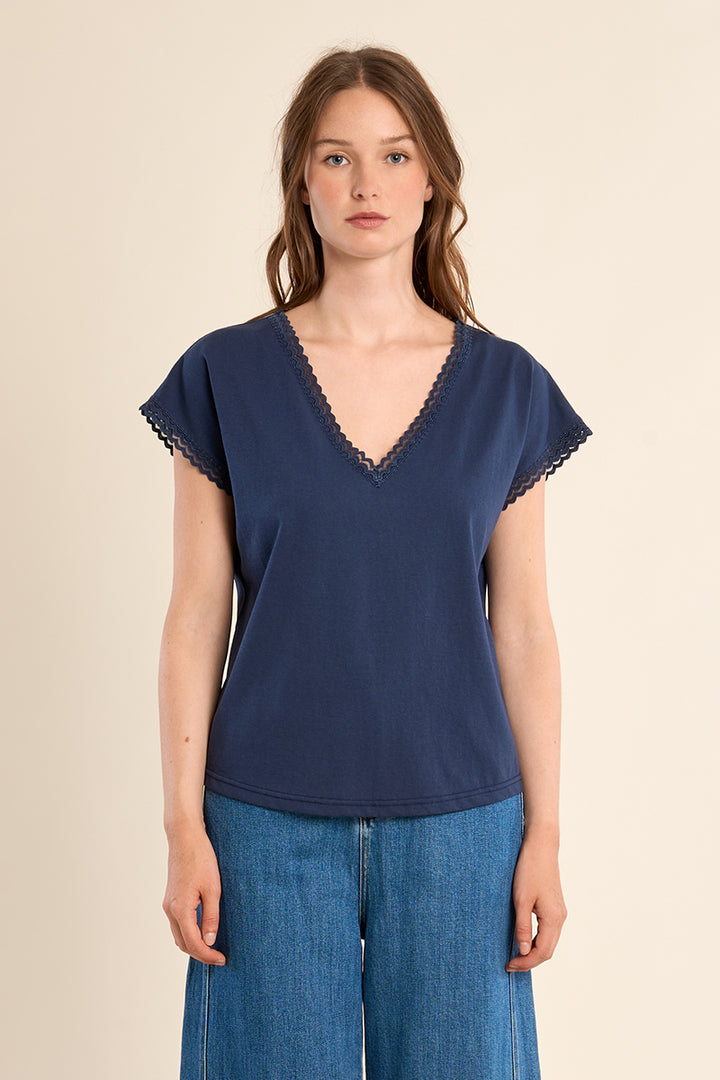 Molly Bracken Navy Blue Lace Trim Tee