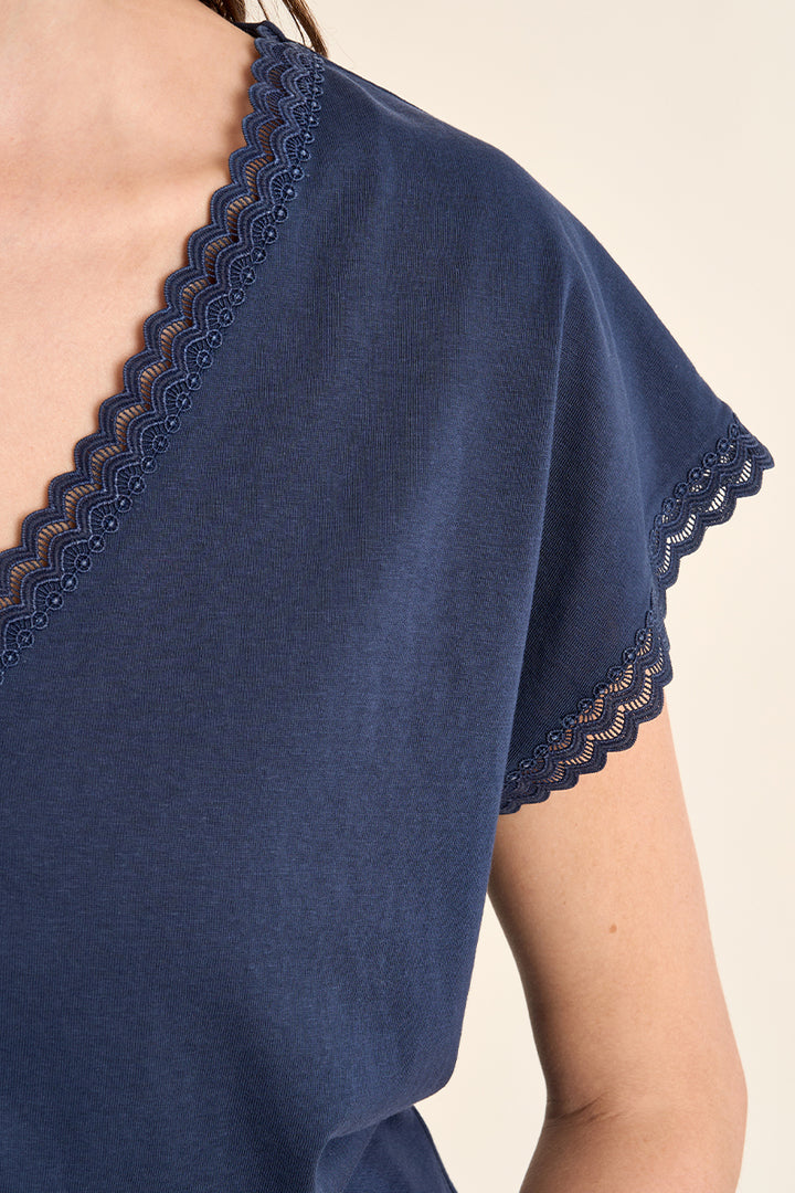Molly Bracken Navy Blue Lace Trim Tee
