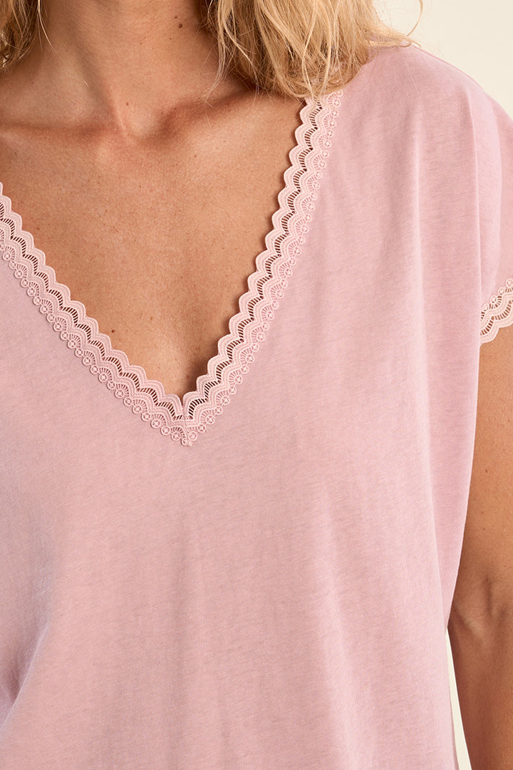 Molly Bracken Pink Lace Trim Tee