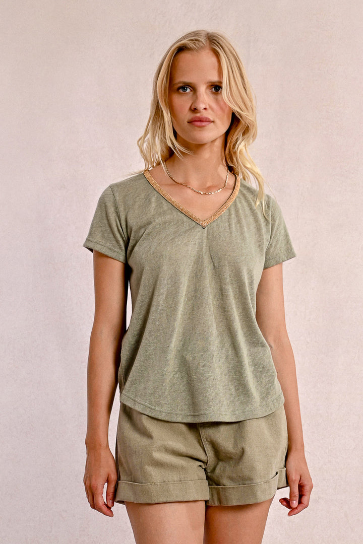 Molly Bracken V Neck Light Khaki Tee